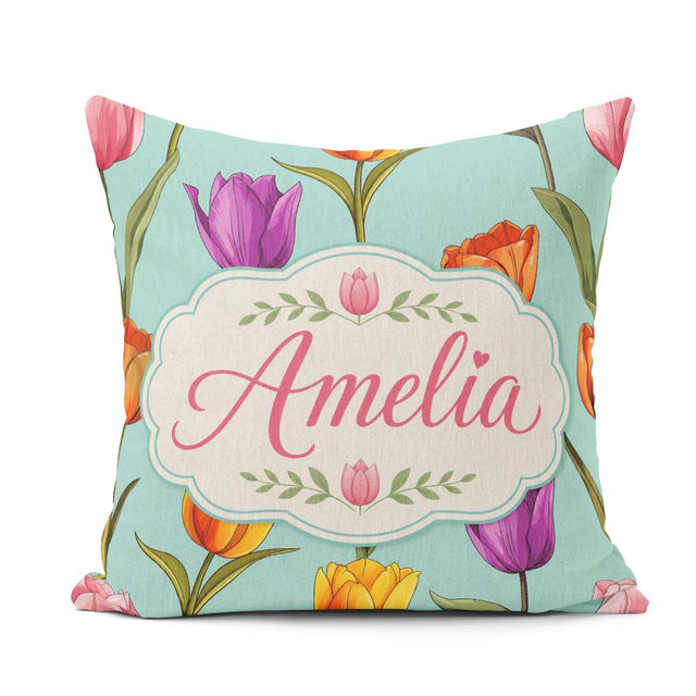 Custom Name Elegant Tulip Floral Seamless Pattern Teal Name Cute Square Filled Cushion Throw Pillow Sofa Bed Home Decor Zip Washable UK Made