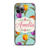 Elegant Tulip Floral Seamless Printed Design Custom Name Protective Phone Case Mobile Cover Durable Everyday Smartphone Shock Resistant