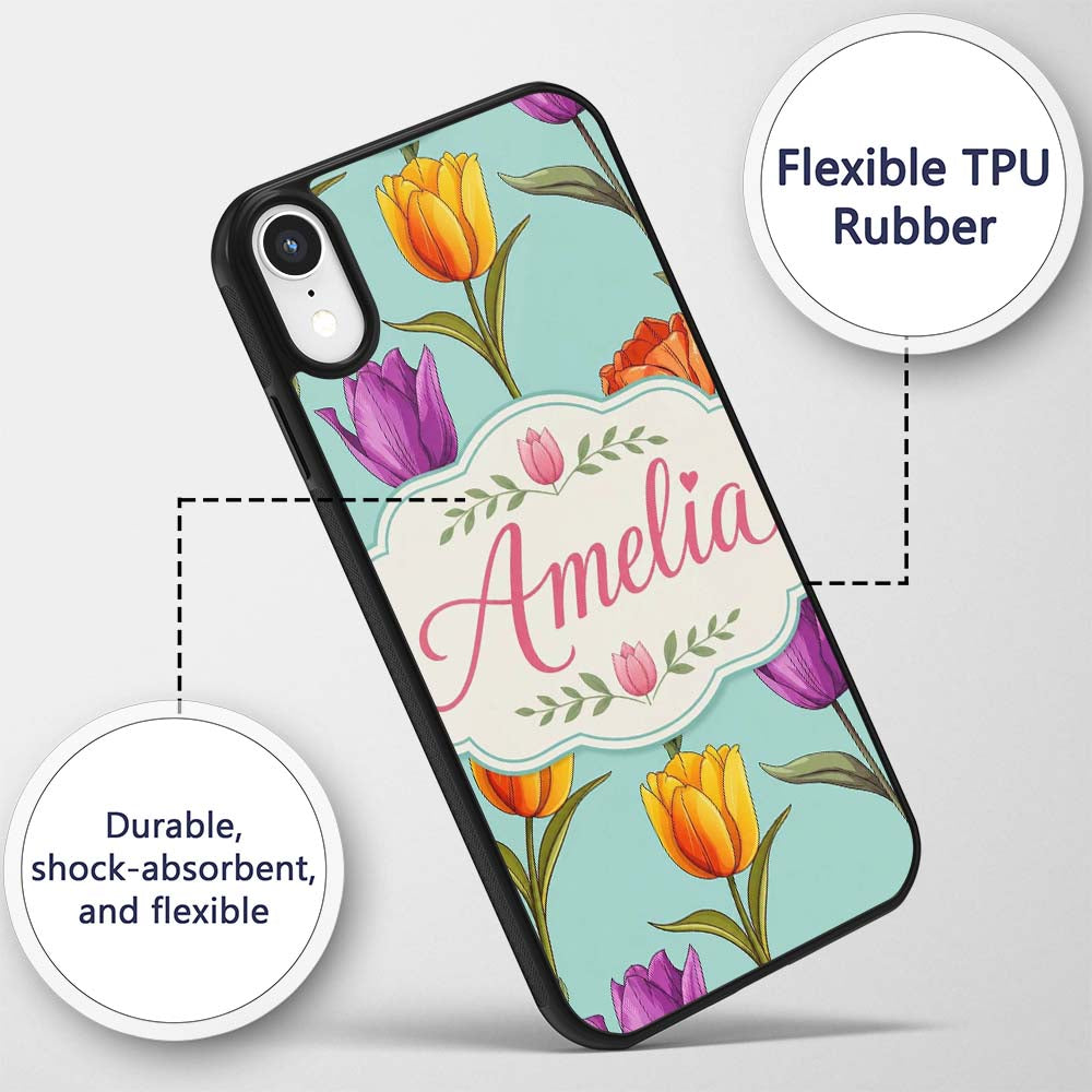 Elegant Tulip Floral Seamless Printed Design Custom Name Protective Phone Case Mobile Cover Durable Everyday Smartphone Shock Resistant