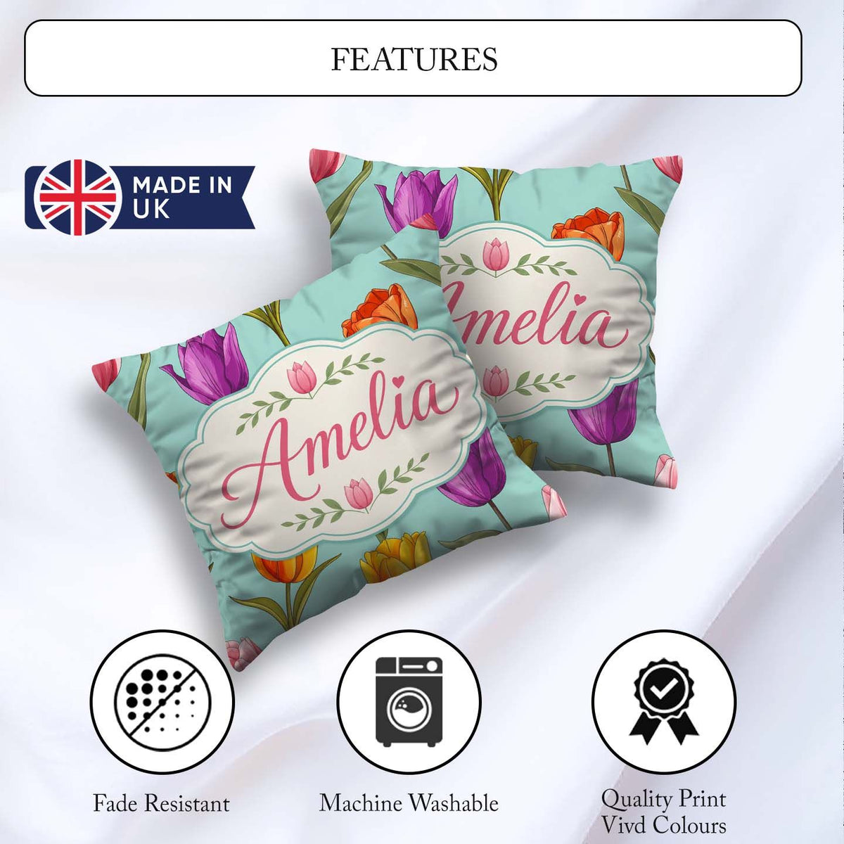 Custom Name Elegant Tulip Floral Seamless Pattern Teal Name Cute Square Filled Cushion Throw Pillow Sofa Bed Home Decor Zip Washable UK Made