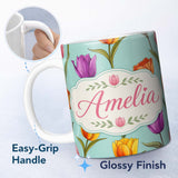 Personalized Custom Name Elegant Tulip Floral Seamless Pattern Teal Background Name Cute 11oz Ceramic Coffee Tea Mug White Large Handle