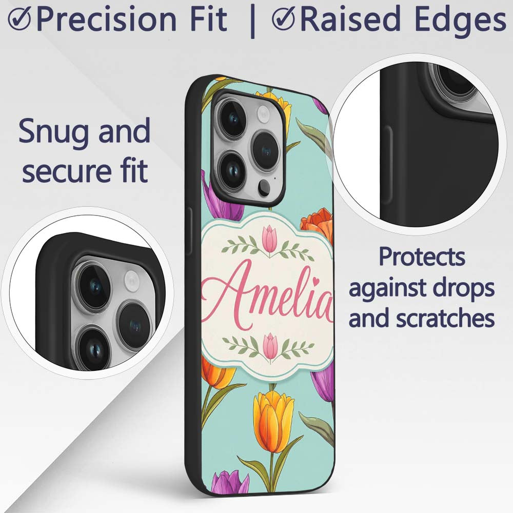 Elegant Tulip Floral Seamless Printed Design Custom Name Protective Phone Case Mobile Cover Durable Everyday Smartphone Shock Resistant