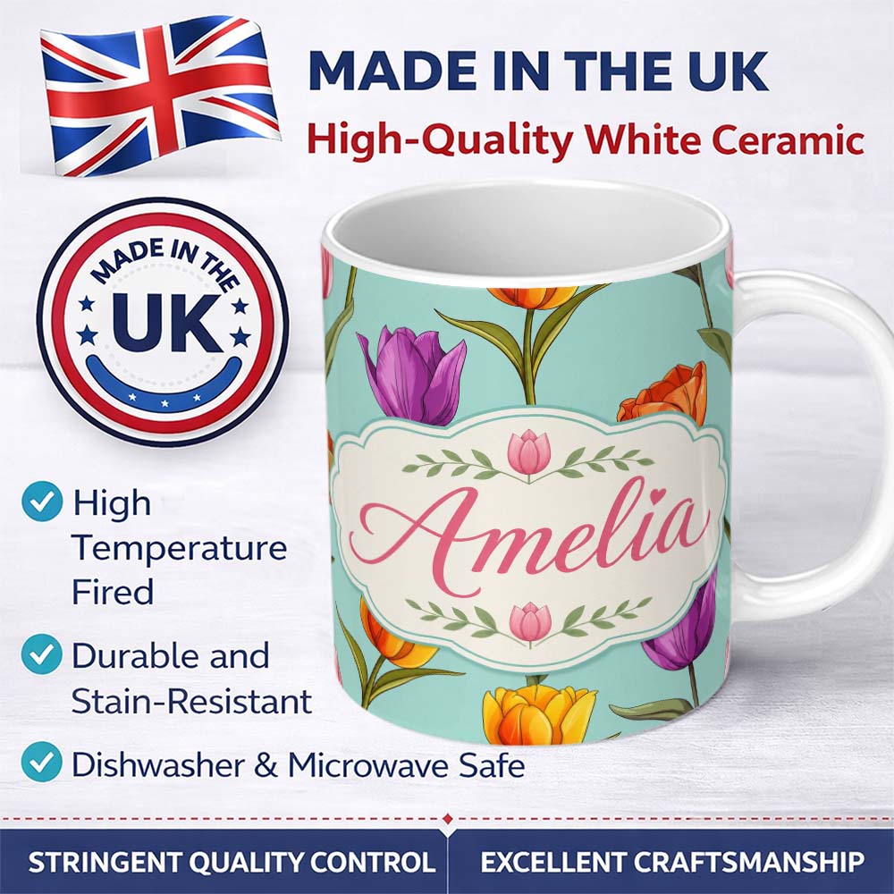 Personalized Custom Name Elegant Tulip Floral Seamless Pattern Teal Background Name Cute 11oz Ceramic Coffee Tea Mug White Large Handle