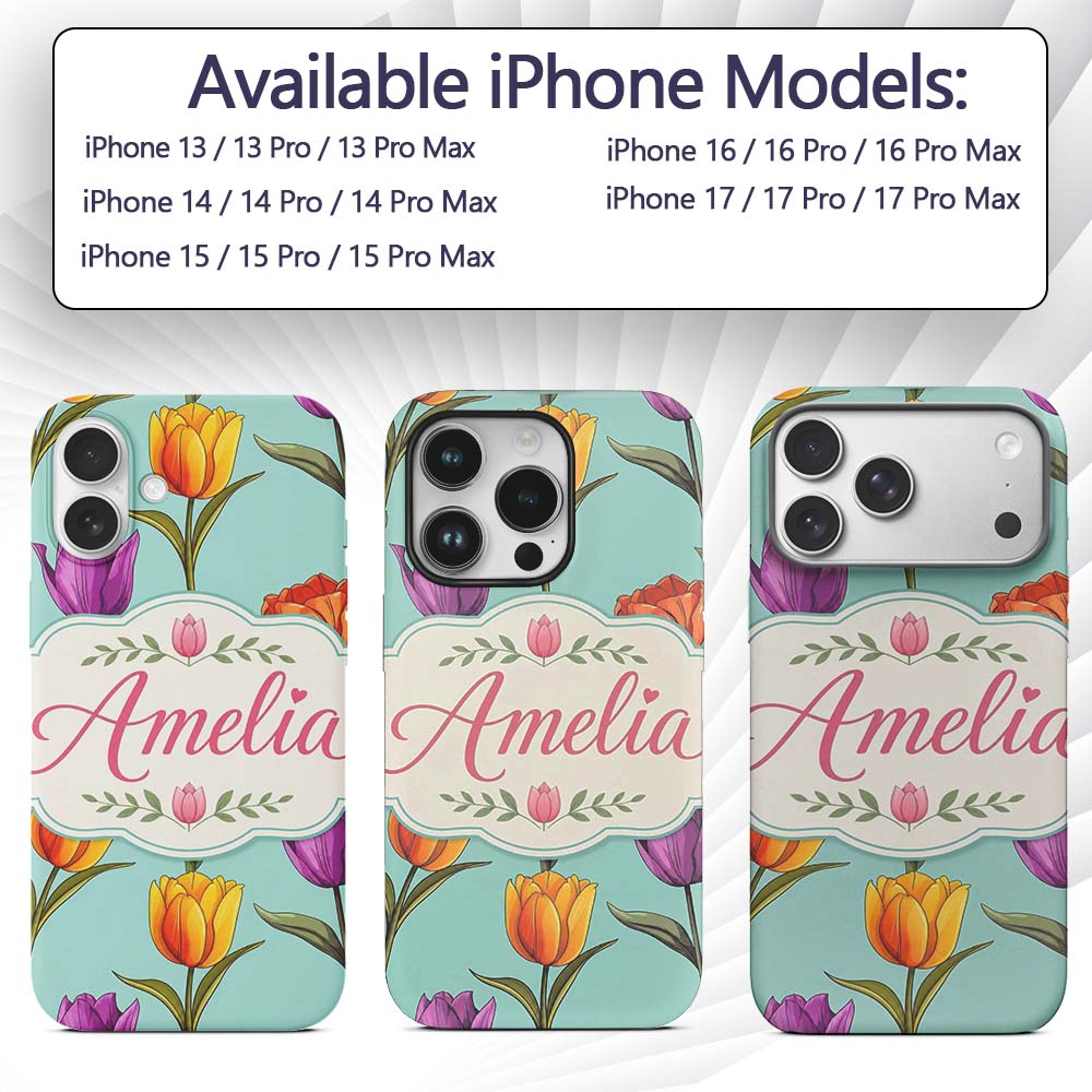 Elegant Tulip Floral Seamless Printed Design Custom Name Protective Phone Case Mobile Cover Durable Everyday Smartphone Shock Resistant