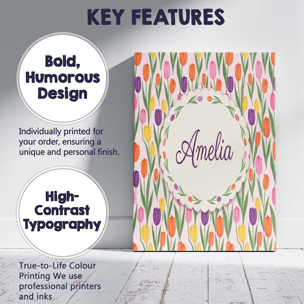 Personalised Name Elegant Tulip Floral Custom  Unique Gift Idea Modern Room Accent Canvas Wall Art Print Decor Picture Ready to Hang