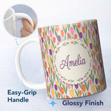 Personalized Custom Name Elegant Tulip Floral Seamless Pattern Soft Pink Background Name Cute 11oz Ceramic Coffee Tea Mug White Large Handle