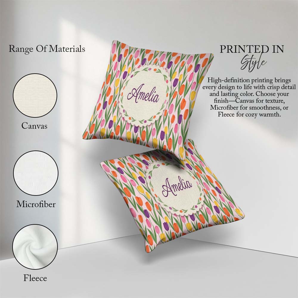Custom Name Elegant Tulip Floral Seamless Pattern Soft Pink Name Square Filled Cushion Throw Pillow Sofa Bed Home Decor Zip Washable UK Made