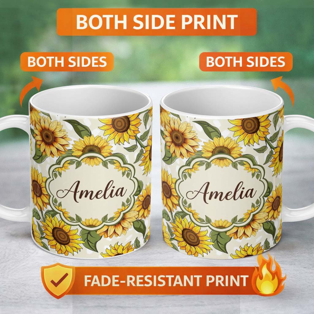 Personalized Custom Name Bright Sunflower Floral Seamless Pattern Neutral Background Name 11oz Ceramic Coffee Tea Mug White Large Handle
