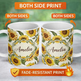 Personalized Custom Name Bright Sunflower Floral Seamless Pattern Neutral Background Name 11oz Ceramic Coffee Tea Mug White Large Handle
