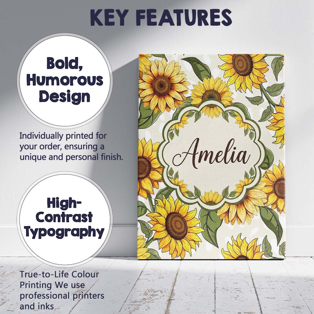 Personalised Name Bright Sunflower Floral Custom  Unique Gift Idea Elegant Feature Canvas Wall Art Print Decor Picture Ready to Hang