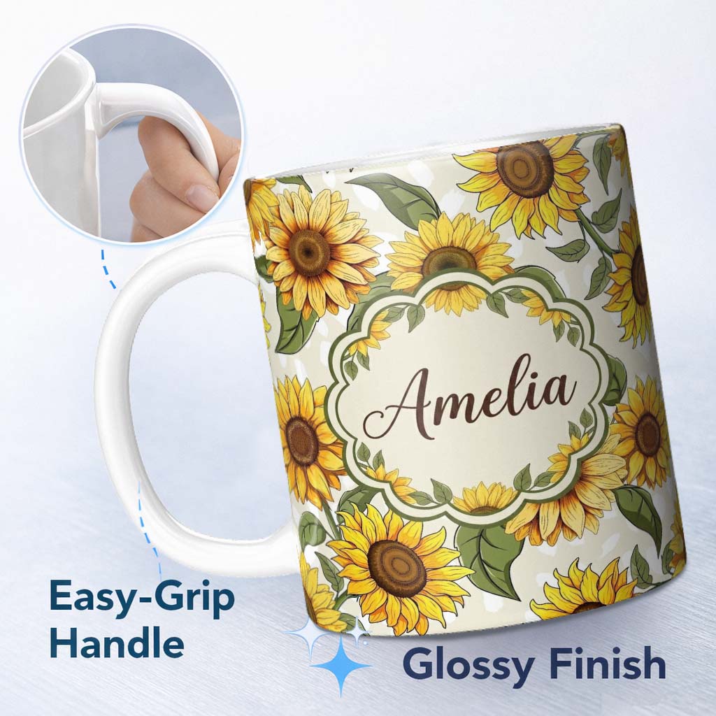Personalized Custom Name Bright Sunflower Floral Seamless Pattern Neutral Background Name 11oz Ceramic Coffee Tea Mug White Large Handle