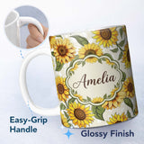 Personalized Custom Name Bright Sunflower Floral Seamless Pattern Neutral Background Name 11oz Ceramic Coffee Tea Mug White Large Handle