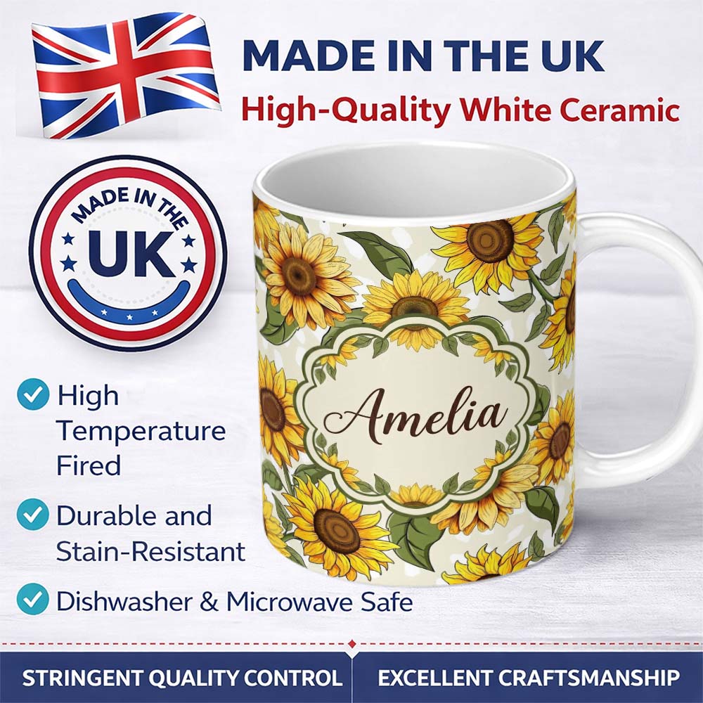 Personalized Custom Name Bright Sunflower Floral Seamless Pattern Neutral Background Name 11oz Ceramic Coffee Tea Mug White Large Handle