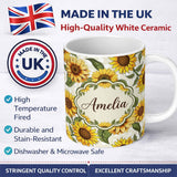 Personalized Custom Name Bright Sunflower Floral Seamless Pattern Neutral Background Name 11oz Ceramic Coffee Tea Mug White Large Handle
