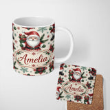 Personalized Custom Name Cute Santa Character Gifts Snowflakes Seamless Pattern Lovely 11oz Ceramic Coffee Tea Mug White Large Handle