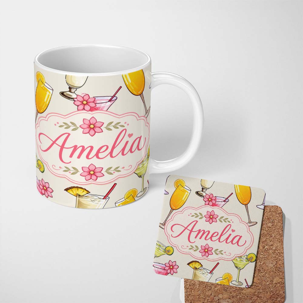 Personalized Custom Name Tropical Cocktail Drinks Seamless Pattern Light Background Name Cute 11oz Ceramic Coffee Tea Mug White Large Handle