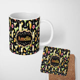 Personalized Custom Name Tropical Cocktail Drinks Seamless Pattern Black Background Name Cute 11oz Ceramic Coffee Tea Mug White Large Handle