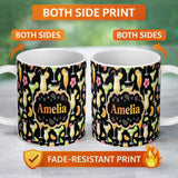 Personalized Custom Name Tropical Cocktail Drinks Seamless Pattern Black Background Name Cute 11oz Ceramic Coffee Tea Mug White Large Handle