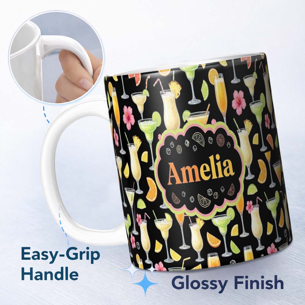 Personalized Custom Name Tropical Cocktail Drinks Seamless Pattern Black Background Name Cute 11oz Ceramic Coffee Tea Mug White Large Handle