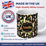 Personalized Custom Name Tropical Cocktail Drinks Seamless Pattern Black Background Name Cute 11oz Ceramic Coffee Tea Mug White Large Handle