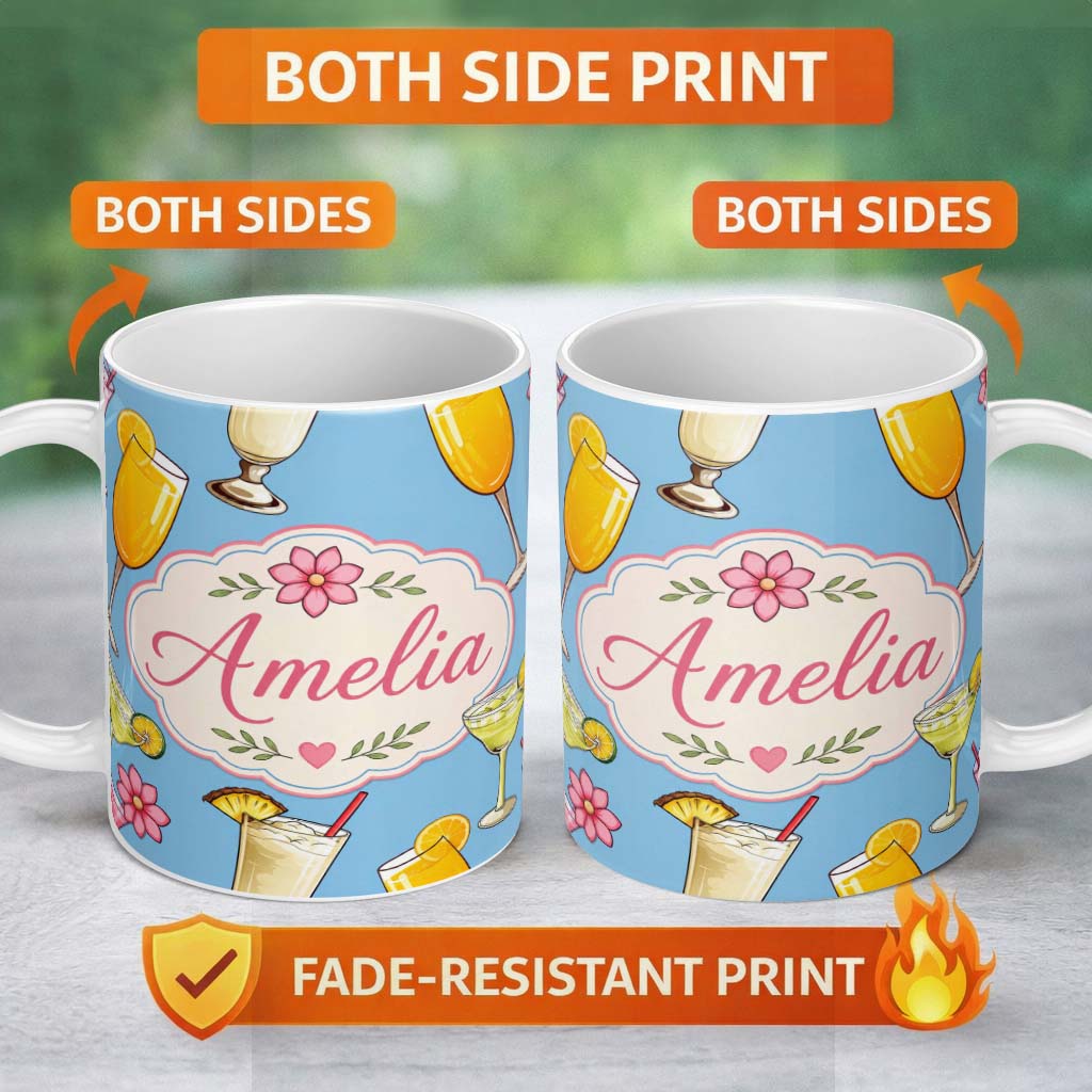 Personalized Custom Name Tropical Cocktail Drinks Seamless Pattern Blue Background Custom 11oz Ceramic Coffee Tea Mug White Large Handle