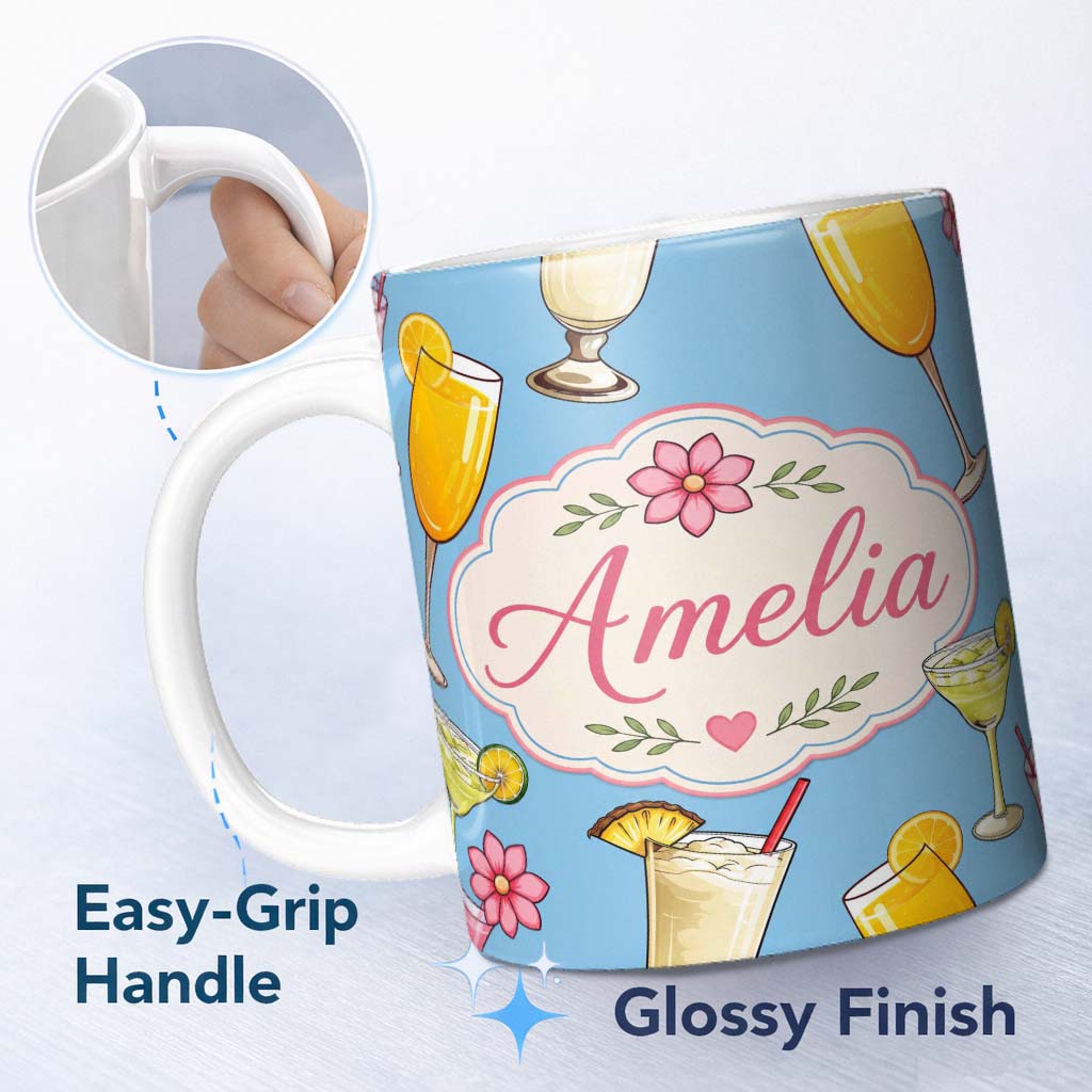 Personalized Custom Name Tropical Cocktail Drinks Seamless Pattern Blue Background Custom 11oz Ceramic Coffee Tea Mug White Large Handle