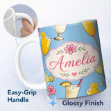 Personalized Custom Name Tropical Cocktail Drinks Seamless Pattern Blue Background Custom 11oz Ceramic Coffee Tea Mug White Large Handle