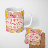 Personalized Custom Name Tropical Cocktail Drinks Seamless Pattern Peach Background Name Cute 11oz Ceramic Coffee Tea Mug White Large Handle