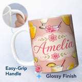 Personalized Custom Name Tropical Cocktail Drinks Seamless Pattern Peach Background Name Cute 11oz Ceramic Coffee Tea Mug White Large Handle