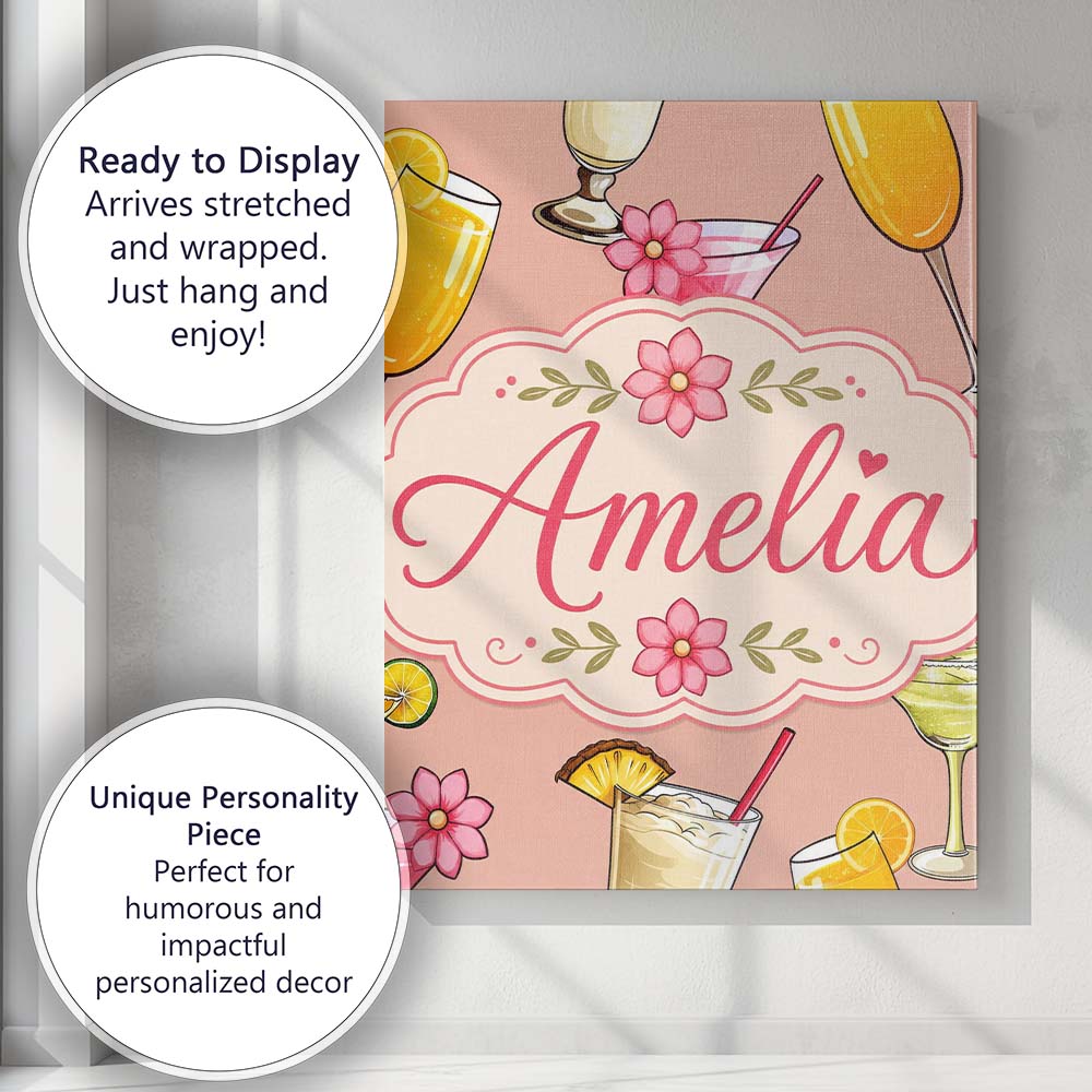 Personalised Name Tropical Cocktail Drinks Custom  Unique Gift Idea Elegant Feature Canvas Wall Art Print Decor Picture Ready to Hang