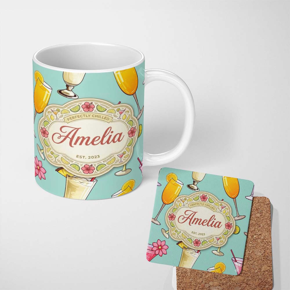 Personalized Custom Name Tropical Cocktail Drinks Seamless Pattern Teal Background Custom 11oz Ceramic Coffee Tea Mug White Large Handle