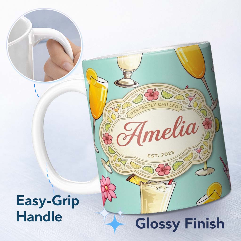Personalized Custom Name Tropical Cocktail Drinks Seamless Pattern Teal Background Custom 11oz Ceramic Coffee Tea Mug White Large Handle