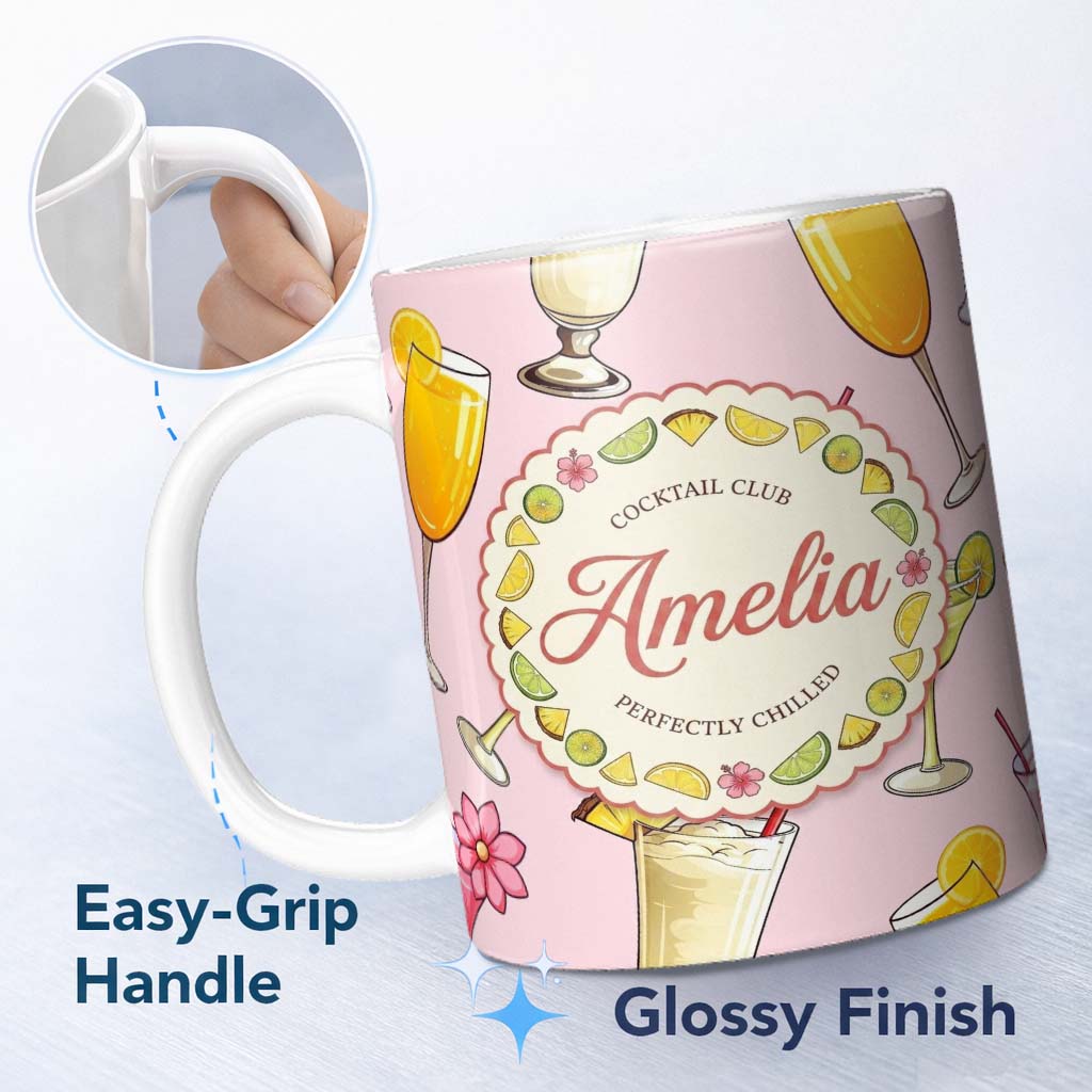Personalized Custom Name Tropical Cocktail Drinks Seamless Pattern Soft Pink Background Name 11oz Ceramic Coffee Tea Mug White Large Handle