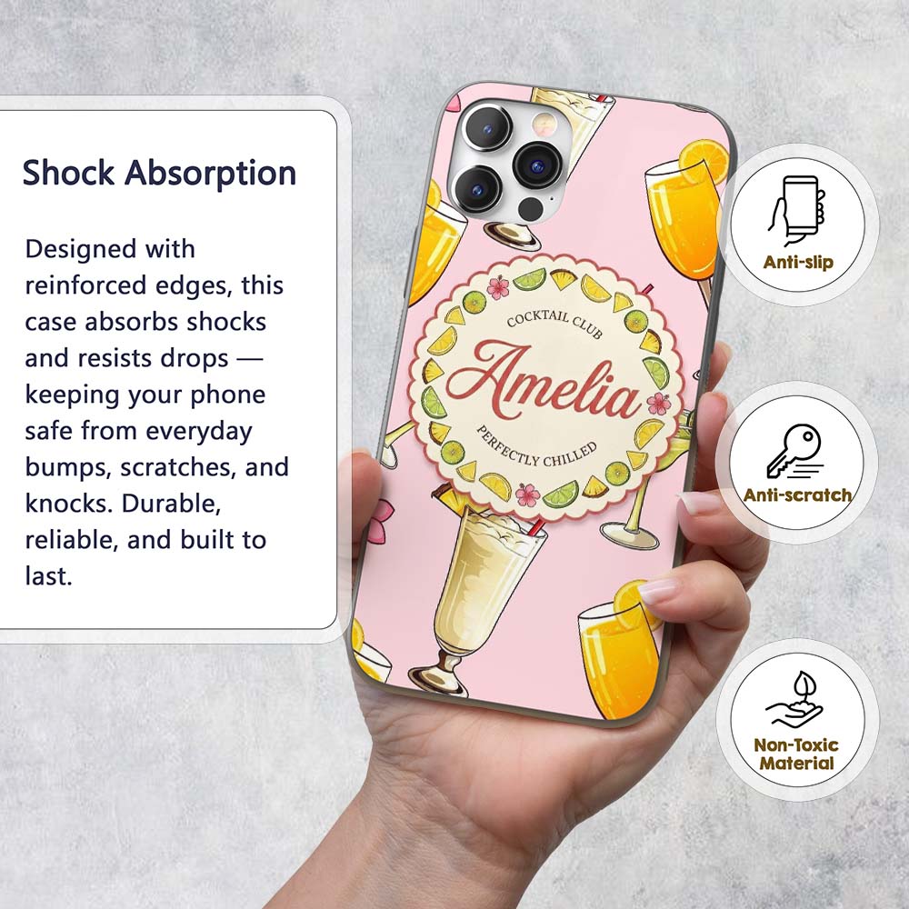 Tropical Cocktail Drinks Seamless Pattern Soft Custom Name Protective Phone Case Mobile Cover Durable Everyday Smartphone Shock Resistant