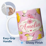 Personalized Custom Name Tropical Cocktail Drinks Seamless Pattern Blush Pink Background 11oz Ceramic Coffee Tea Mug White Large Handle