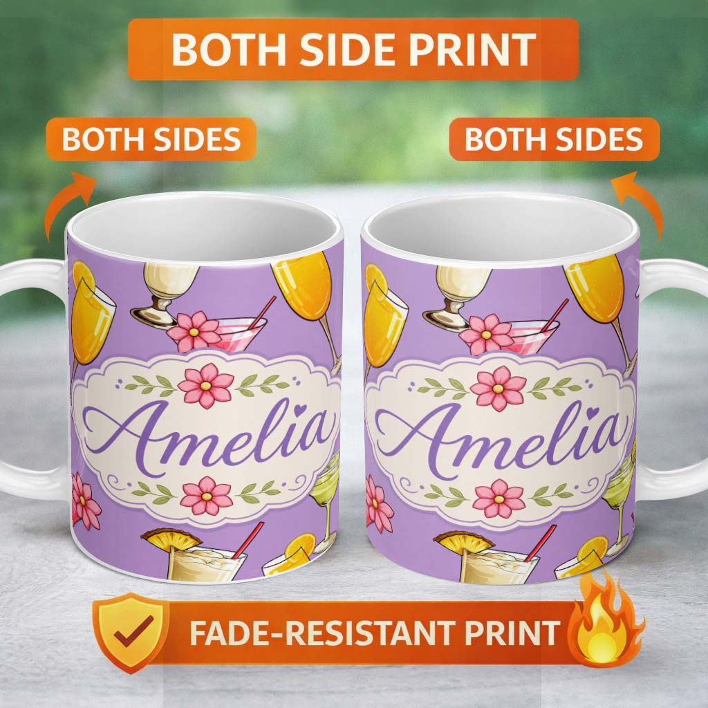 Personalized Custom Name Tropical Cocktail Drinks Seamless Pattern Lavender Background Name 11oz Ceramic Coffee Tea Mug White Large Handle