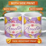 Personalized Custom Name Tropical Cocktail Drinks Seamless Pattern Lavender Background Name 11oz Ceramic Coffee Tea Mug White Large Handle