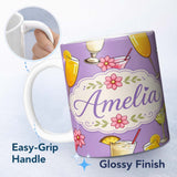Personalized Custom Name Tropical Cocktail Drinks Seamless Pattern Lavender Background Name 11oz Ceramic Coffee Tea Mug White Large Handle