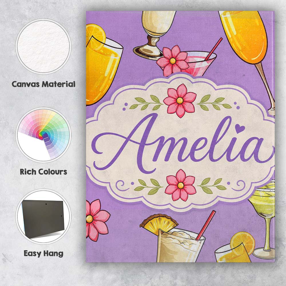 Personalised Name Tropical Cocktail Drinks Custom  Unique Gift Idea Elegant Feature Canvas Wall Art Print Decor Picture Ready to Hang