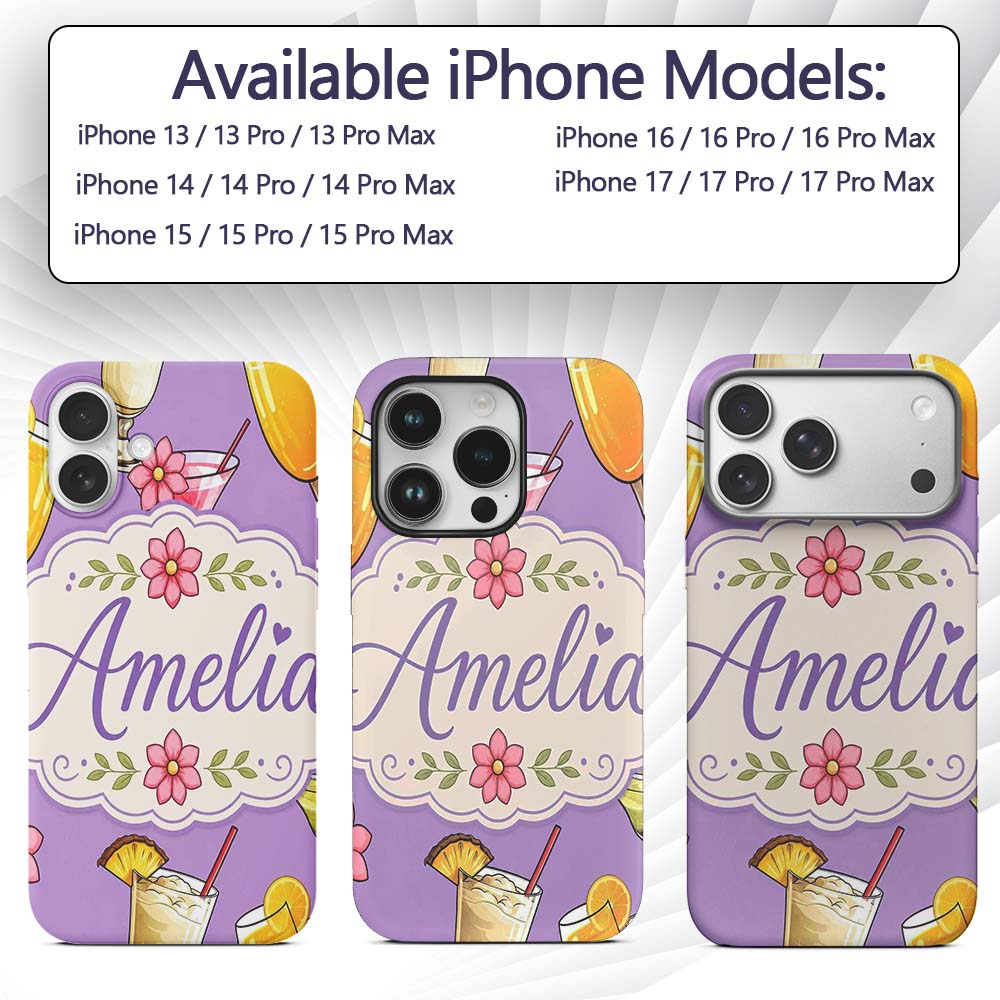 Tropical Cocktail Drinks Seamless Printed Design Custom Name Protective Phone Case Mobile Cover Durable Everyday Smartphone Shock Resistant