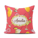 Custom Name Tropical Cocktail Drinks Pattern Red Background Name Square Filled Cushion Throw Pillow Sofa Bed Home Decor Zip Washable UK Made