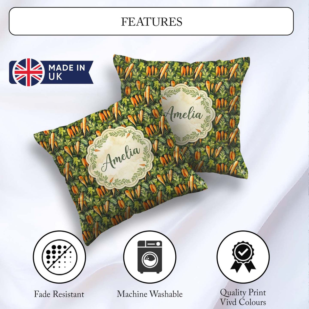 Custom Name Realistic Carrot Garden Botanical Seamless Pattern Square Filled Cushion Throw Pillow Sofa Bed Home Decor Zip Washable UK Made