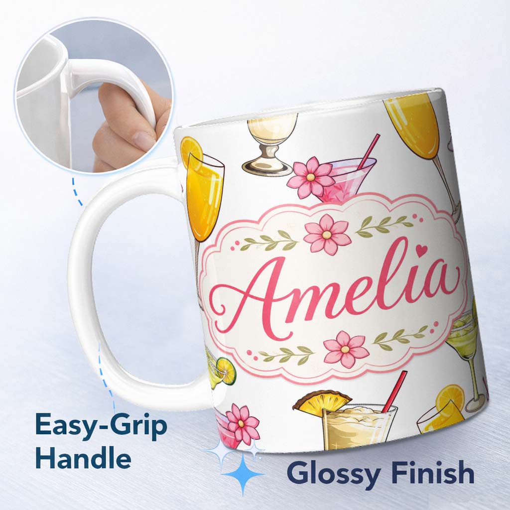Personalized Custom Name Tropical Cocktail Drinks Seamless Pattern Light Grey Background 11oz Ceramic Coffee Tea Mug White Large Handle