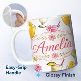Personalized Custom Name Tropical Cocktail Drinks Seamless Pattern Light Grey Background 11oz Ceramic Coffee Tea Mug White Large Handle
