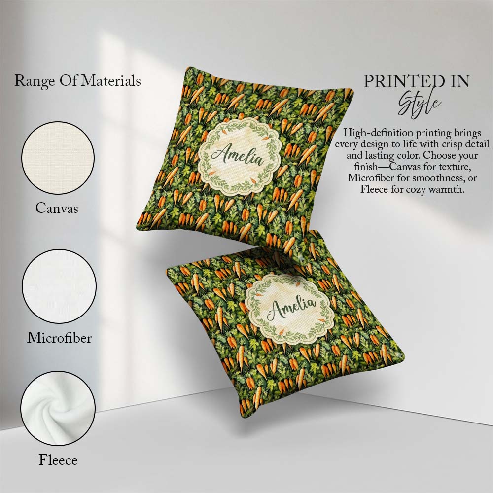 Custom Name Realistic Carrot Garden Botanical Seamless Pattern Square Filled Cushion Throw Pillow Sofa Bed Home Decor Zip Washable UK Made