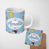 Personalized Custom Name Cute Summer Chihuahua Dog Cartoon Seamless Pattern Blue Background 11oz Ceramic Coffee Tea Mug White Large Handle