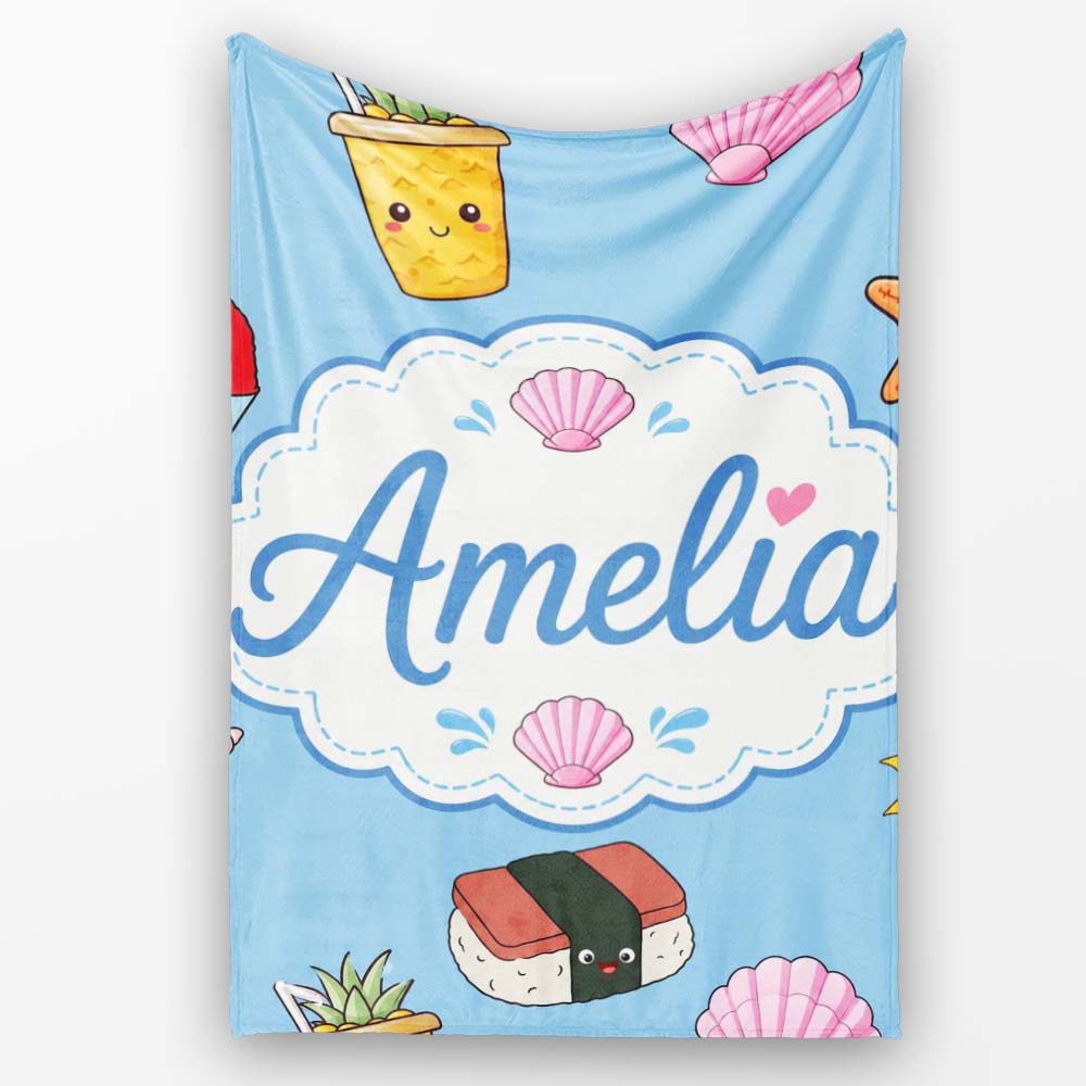 Cute Summer Chihuahua Dog Cartoon Seamless Pattern Blue Background  Personalised Custom Name Super Soft Fleece Blanket Bed Sofa Throw