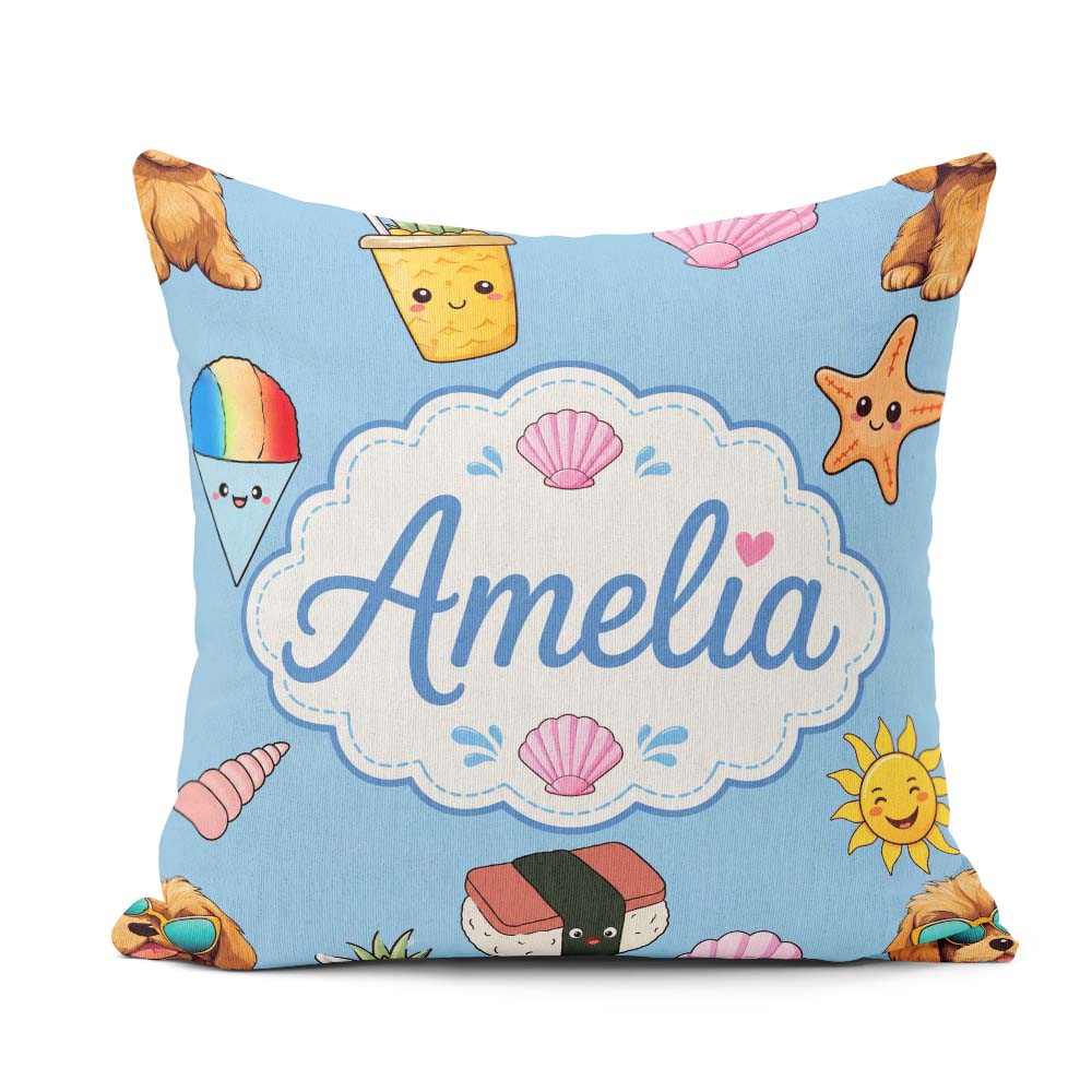 Custom Name Summer Chihuahua Dog Cartoon Pattern Blue Background Square Filled Cushion Throw Pillow Sofa Bed Home Decor Zip Washable UK Made