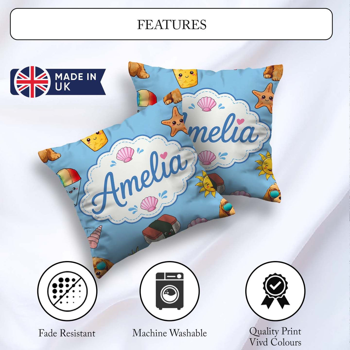 Custom Name Summer Chihuahua Dog Cartoon Pattern Blue Background Square Filled Cushion Throw Pillow Sofa Bed Home Decor Zip Washable UK Made