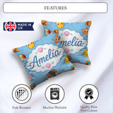 Custom Name Summer Chihuahua Dog Cartoon Pattern Blue Background Square Filled Cushion Throw Pillow Sofa Bed Home Decor Zip Washable UK Made